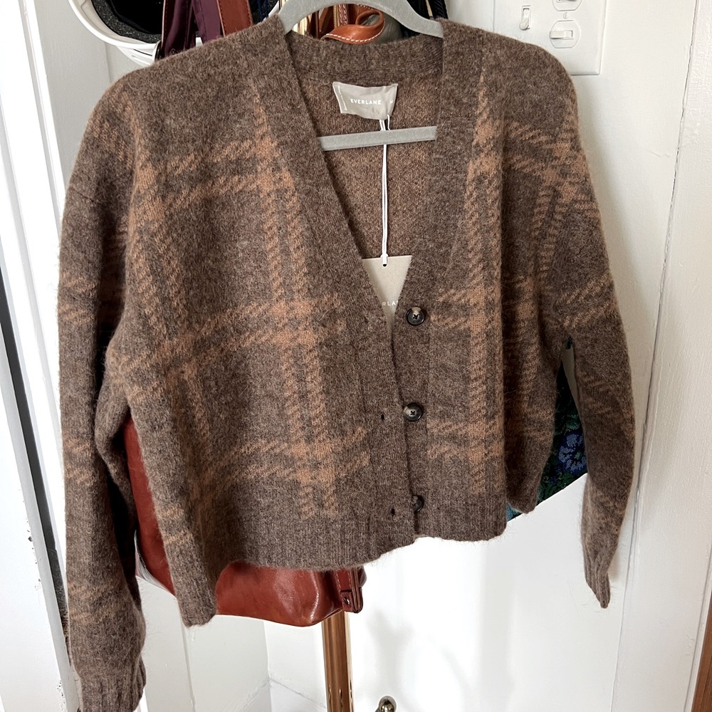 BRAND NEW Everlane Wool Blend Cropped Plaid Brown Cardigan - Medium